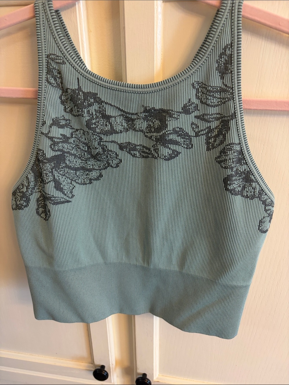 Athleta Ribbed Lace-Print Crop Top in Dusty Teal Size Small